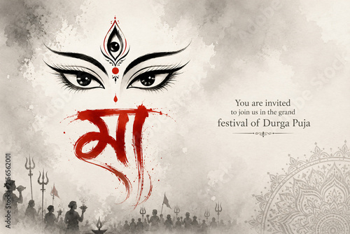 Durga Puja festival invitation featuring Goddess Durga eyes and Bengali-inspired devotional artwork