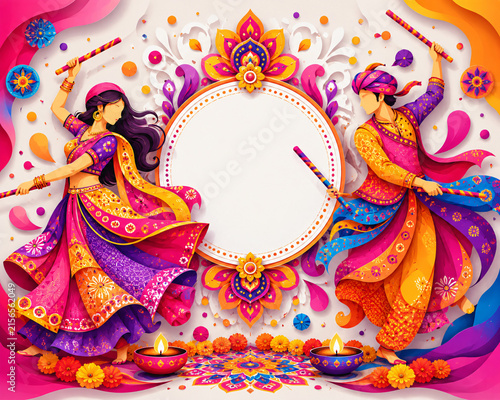 Vibrant Garba and Dandiya celebration with traditional Indian dancers and festive copy space