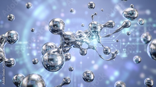 Reflective liquid mercury droplets containing glowing internal digital circuit patterns float over a blurred tech backdrop.