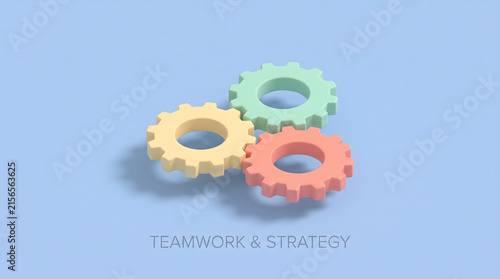 3D isometric pastel gears representing business teamwork and strategic collaboration synergy