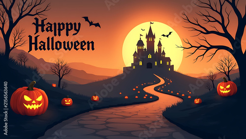 A spooky Halloween scene featuring a haunted castle under a giant moon