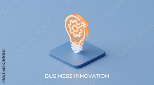 Isometric glowing orange glass bulb with gear icon for business innovation and creative concepts