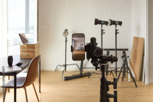 Canvas Print Smartphone on Tripod in Modern Photography and Video Studio