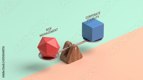 Conceptual 3D scale balancing risk management and corporate stability for business success.
