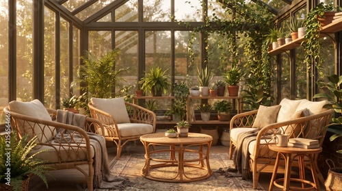 Cozy sunroom interior with rattan furniture and green houseplants in warm sunlight