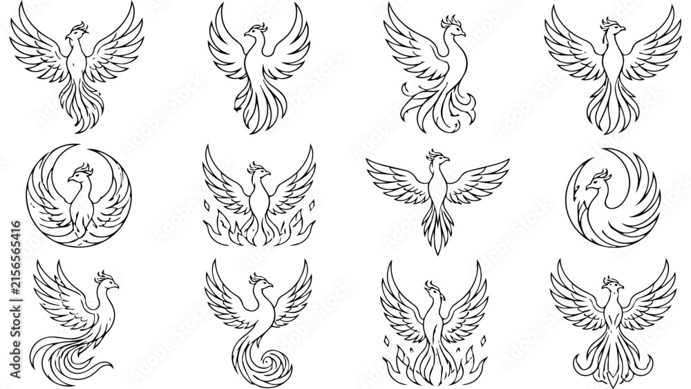Fototapeta premium A collection of twelve distinct phoenix bird silhouettes depicted in a minimalist line art style.