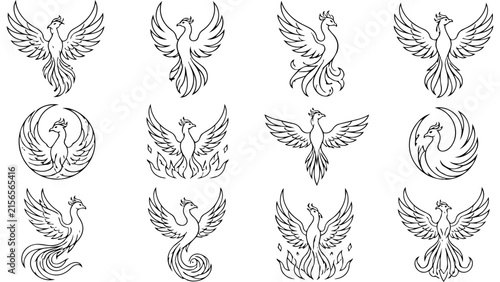 A collection of twelve distinct phoenix bird silhouettes depicted in a minimalist line art style.