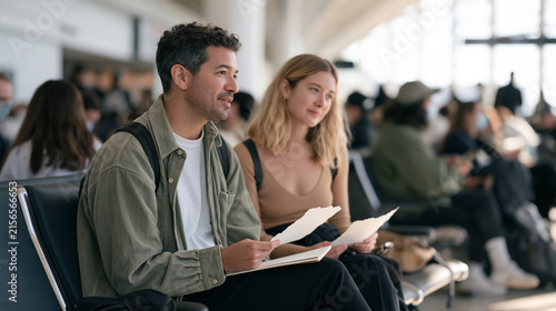 User researcher and participant couple seated in a crowded airport terminal conducting interview, hand torn deckle paper notes spread between them, ethnographic field study,