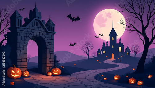A Spooky Halloween Scene Featuring A Haunted Castle Under A Full Moon