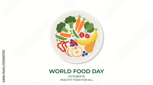 World food day celebration graphic with plate of assorted fruits and vegetables