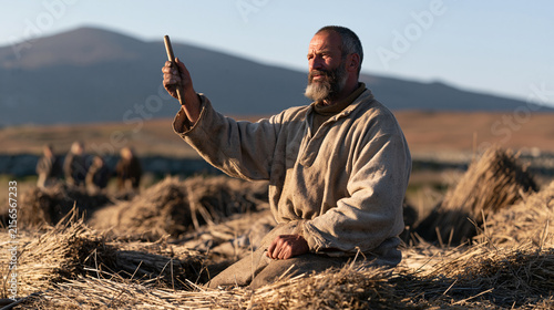 Roof thatcher in dusty work dungarees kneeling in golden late afternoon light among bundles of reed on a rural hilltop, holding up a long-lost wooden-handled tool just recovered