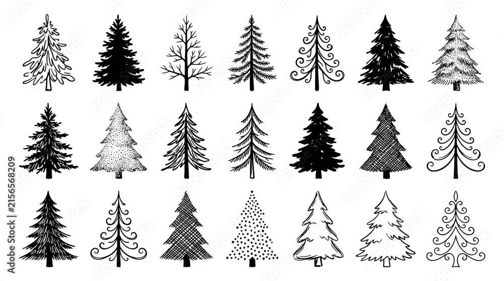 Obraz premium A Comprehensive Set of Monochrome Black and White Tree Illustrations Ideal for Graphic Design and Nature-Themed Applications