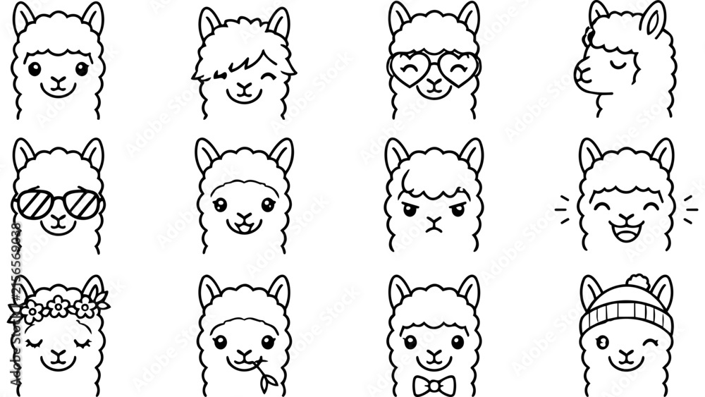 Naklejka premium A collection of cute llama head icons featuring various expressions and accessories in line art.