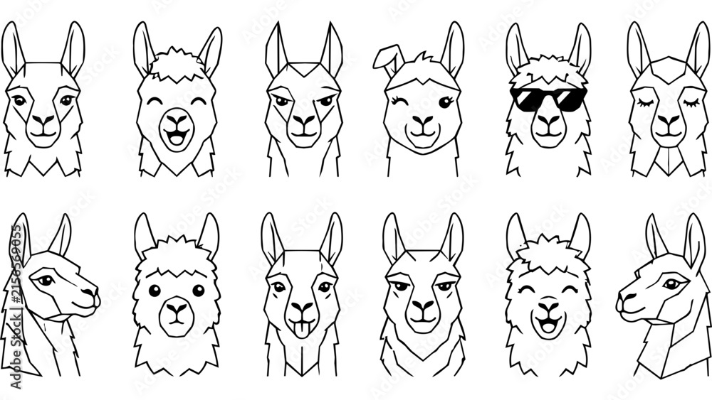 Naklejka premium A collection of various llama head icons displaying different facial expressions and funny moods.