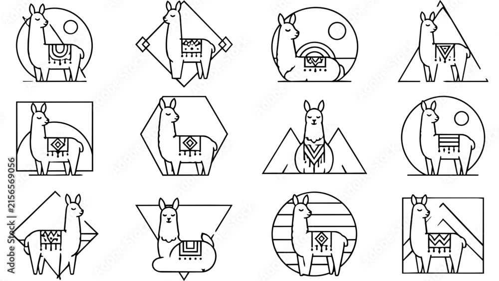Naklejka premium A collection of twelve minimalist line art icons featuring llamas in various geometric frames.