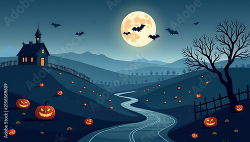 A Spooky Halloween Landscape With Glowing Jack O Lanterns And Full Moon