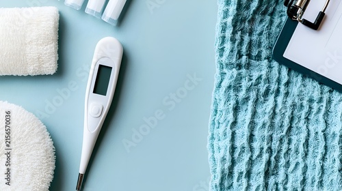 Medical Thermometer and Healthcare Supplies on Light Blue Background
