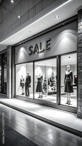 Modern clothing store front with mannequins displaying fashion during a sale event.