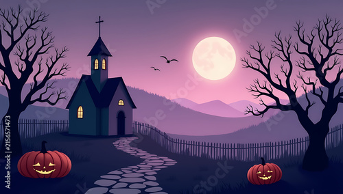 A Spooky Halloween Church Scene Under A Glowing Full Moon At Night