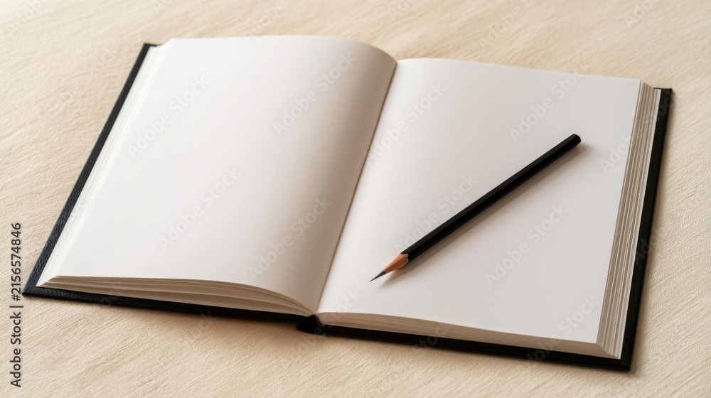 Fototapeta premium Creative Workspace Blank Sketchbook on Cream Linen Flat Lay
