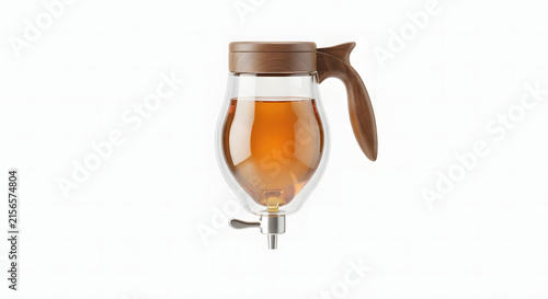 Elegant glass honey dispenser with a modern wooden handle and metallic bottom valve against a clean white background.