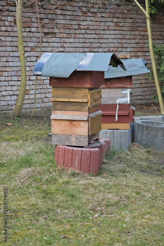 Traditional wooden beehives in the garden