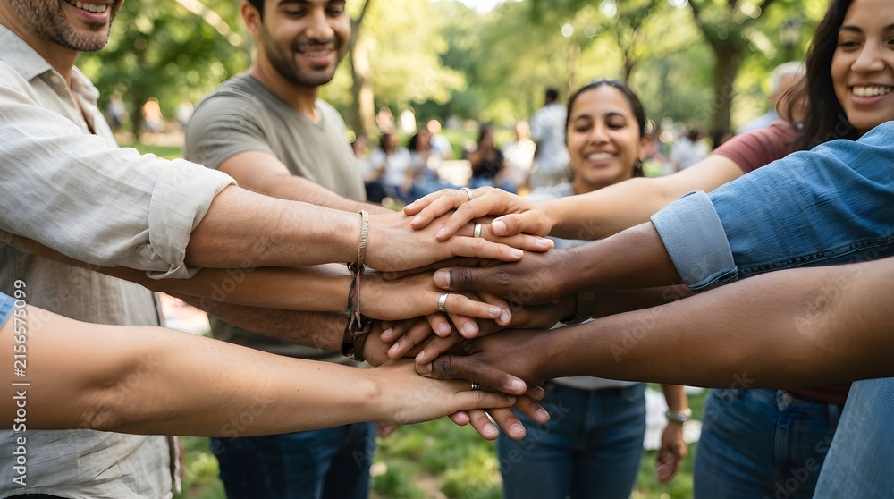 Fototapeta premium A group of diverse people stacking their hands together in a park to show unity and teamwork