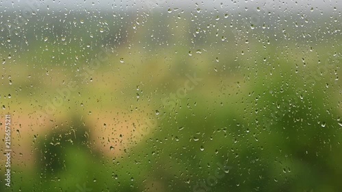 Raindrops falling down a window pane during a storm Heavy rain on glass surface with blurry green background video FullHD nature