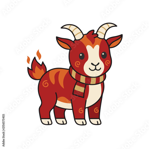 Playful cartoon baby fire goat mascot wearing a striped scarf. Small kid character with a flaming tail isolated on white background