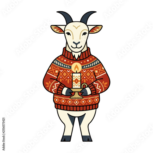 Goat mascot wearing winter sweater holding lit candle. Cartoon character in festive fair isle knitwear isolated on white background