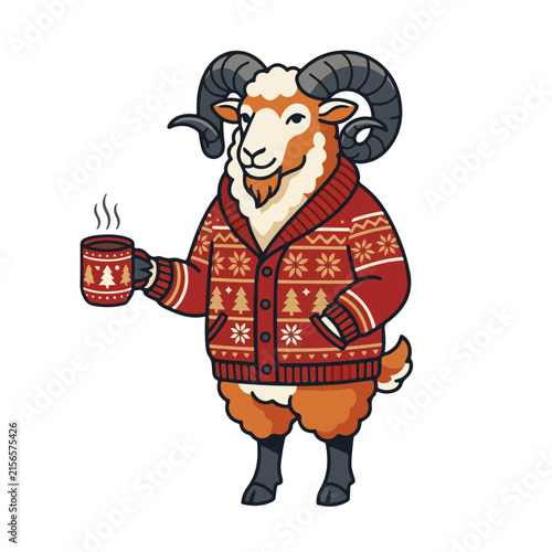 Ram mascot wearing winter sweater holding hot drink mug. Cartoon sheep character in festive holiday cardigan isolated on white background
