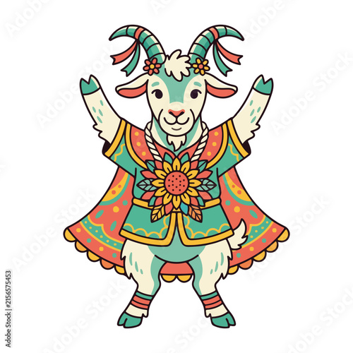 Teal goat mascot with raised arms wearing a sunflower cape. Festive cartoon character with flowers on horns. Isolated on white background