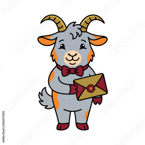 Grey goat mascot holding a gold envelope with a wax seal. Festive cartoon character wearing a red bow tie. Isolated on white background