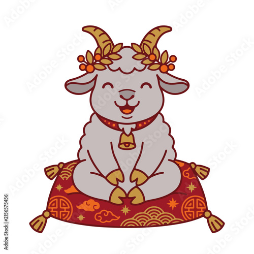 Grey sheep mascot sitting on a red cushion for Chinese New Year. Festive cartoon character with a leaf wreath and bell. Isolated on white background