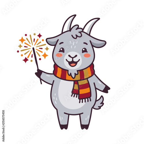 Grey goat mascot holding a burning sparkler for New Year celebration. Festive cartoon character wearing a striped scarf. Isolated on white background