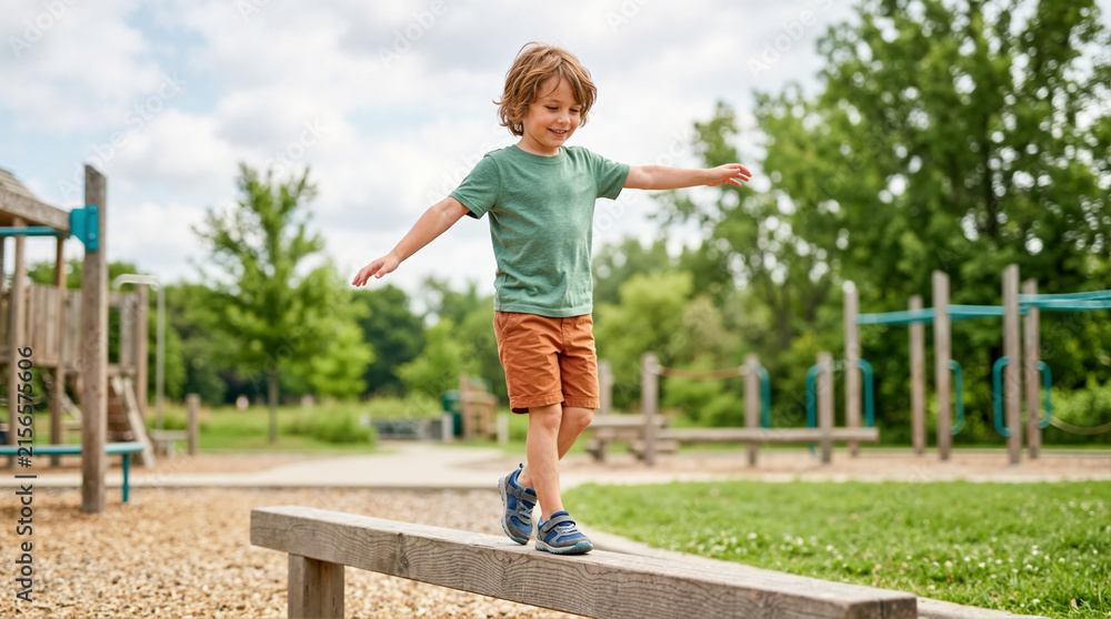 Naklejka premium Young boy balancing on a wooden beam at an outdoor playground. Active kid playing and developing coordination skills in a park. Childhood recreation concept