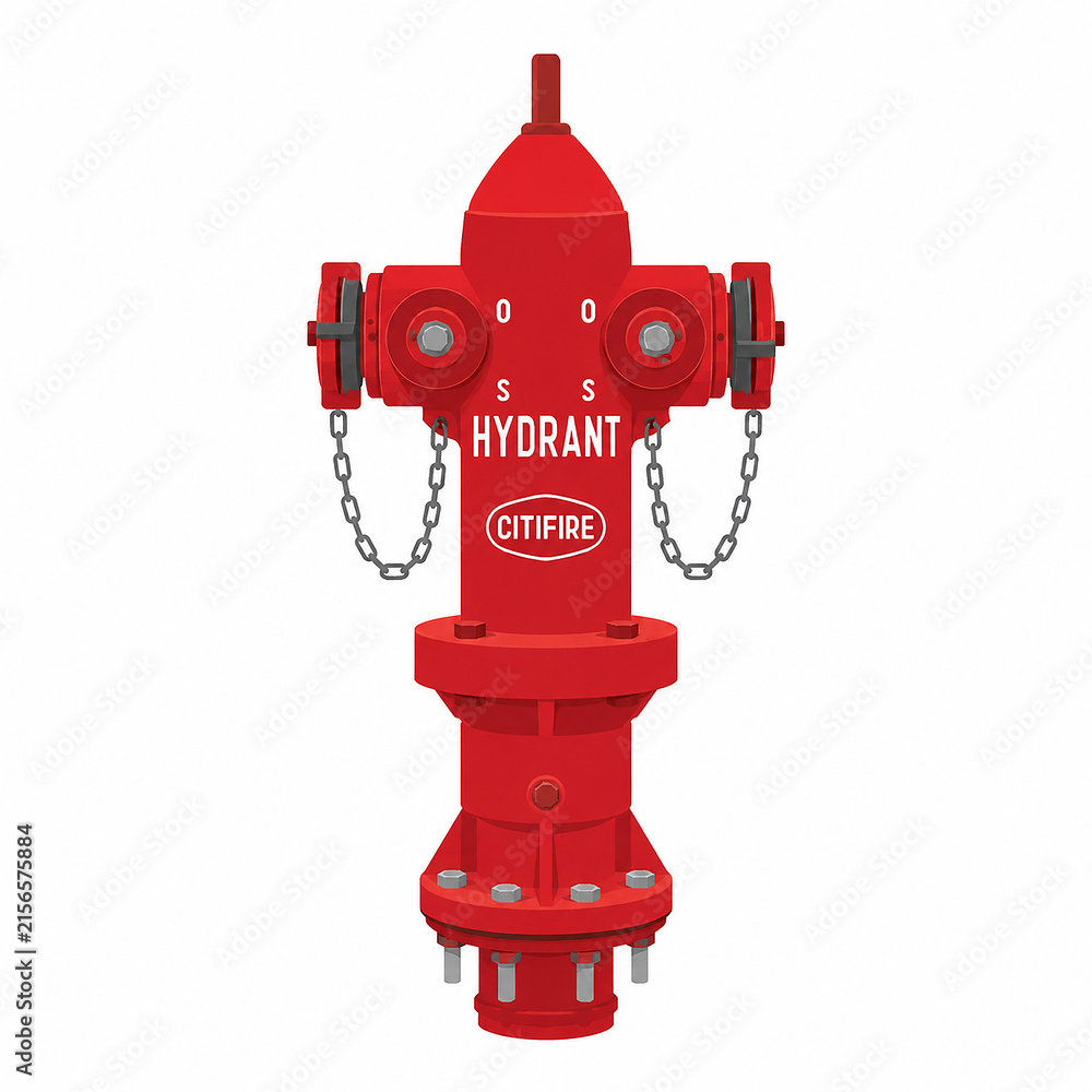 Fototapeta premium Red outdoor fire hydrant on water splash, emergency equipment icon isolated on white background.