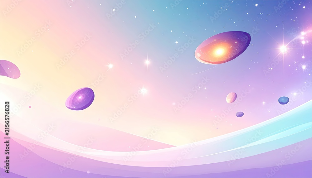 Fototapeta premium Pastel cosmic background with floating planets and soft waves.