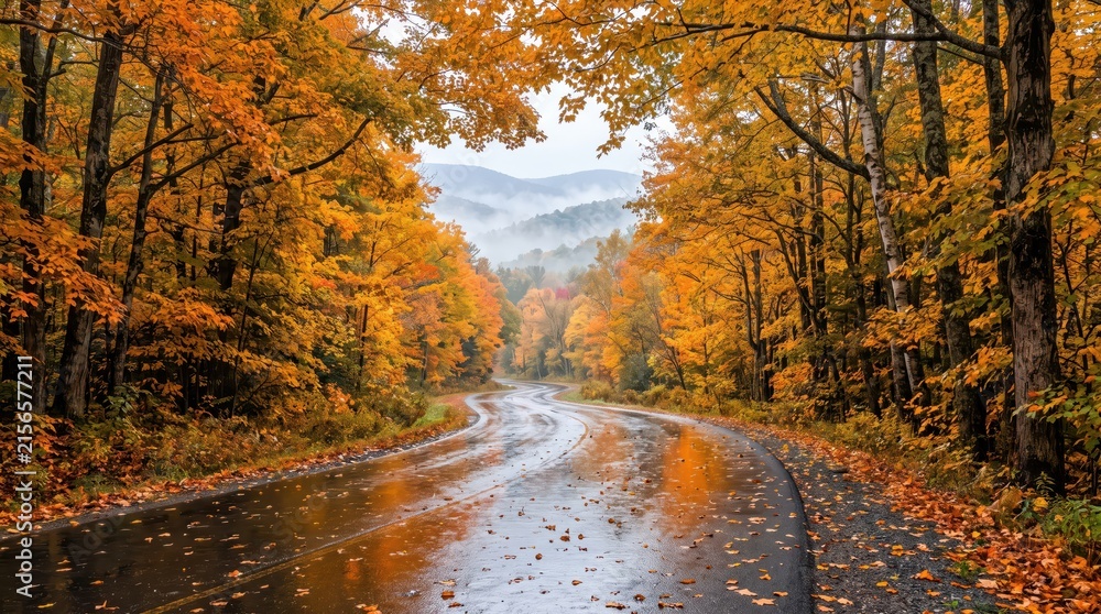 Naklejka premium Winding wet road through dense autumn forest with colorful fall foliage and misty hills in background, scenic rainy season landscape and tranquil drive view