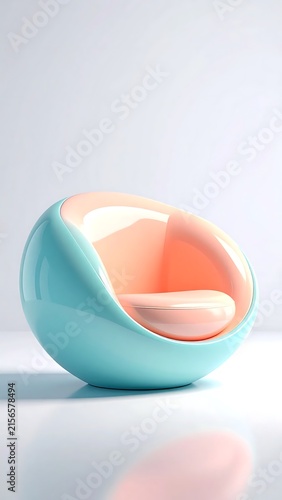Modern turquoise and peach colored sphere chair in studio.