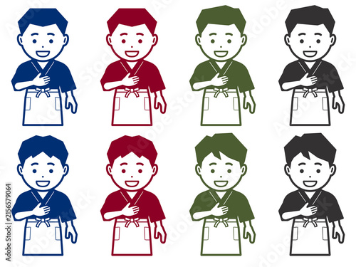 [単色]「お任せ下さい」と胸に手を当てる作務衣に前掛けの男性のアイコン