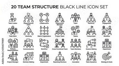 Black Line Icon Set for Team Structure and Organizational Hierarchy Design.