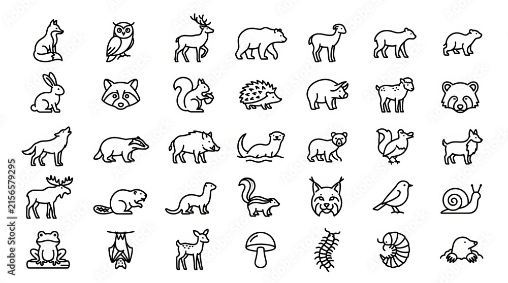 Fototapeta premium Collection of hand drawn black and white animal illustrations in various styles.