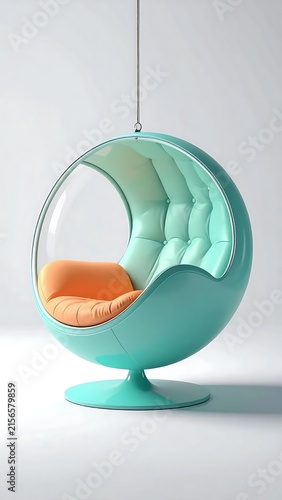 Modern turquoise bubble chair with vibrant orange cushion.