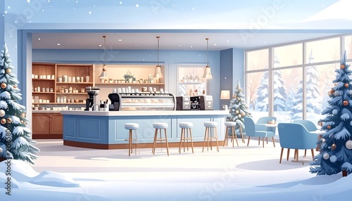 Modern coffee shop interior decorated for Christmas with snowy outdoor view.