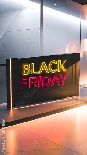 Neon Black Friday Sign in a Modern Retail Store Entrance at Night.