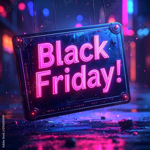 Neon Black Friday sign hanging over a wet reflective city street at night.