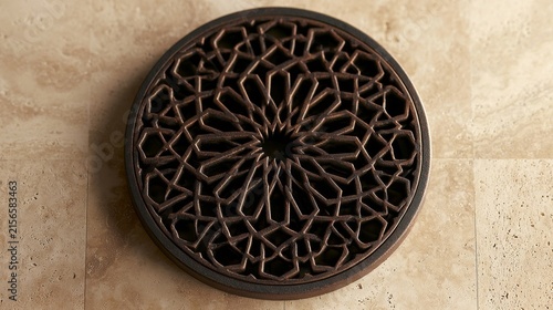 Architecture Detail Round Iron Grate Top-Down Travertine