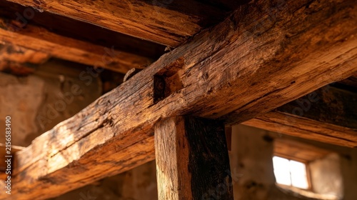 Rustic Wooden Ceiling Beam Mortise Tenon Joint Close-Up