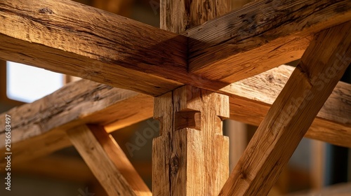 Hand-Cut Timber Beam Joint Warm Amber Raking Light View